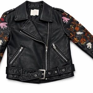 Hannah Banana Girls Black Faux Leather Moto Jacket Floral Embroidery Size 6